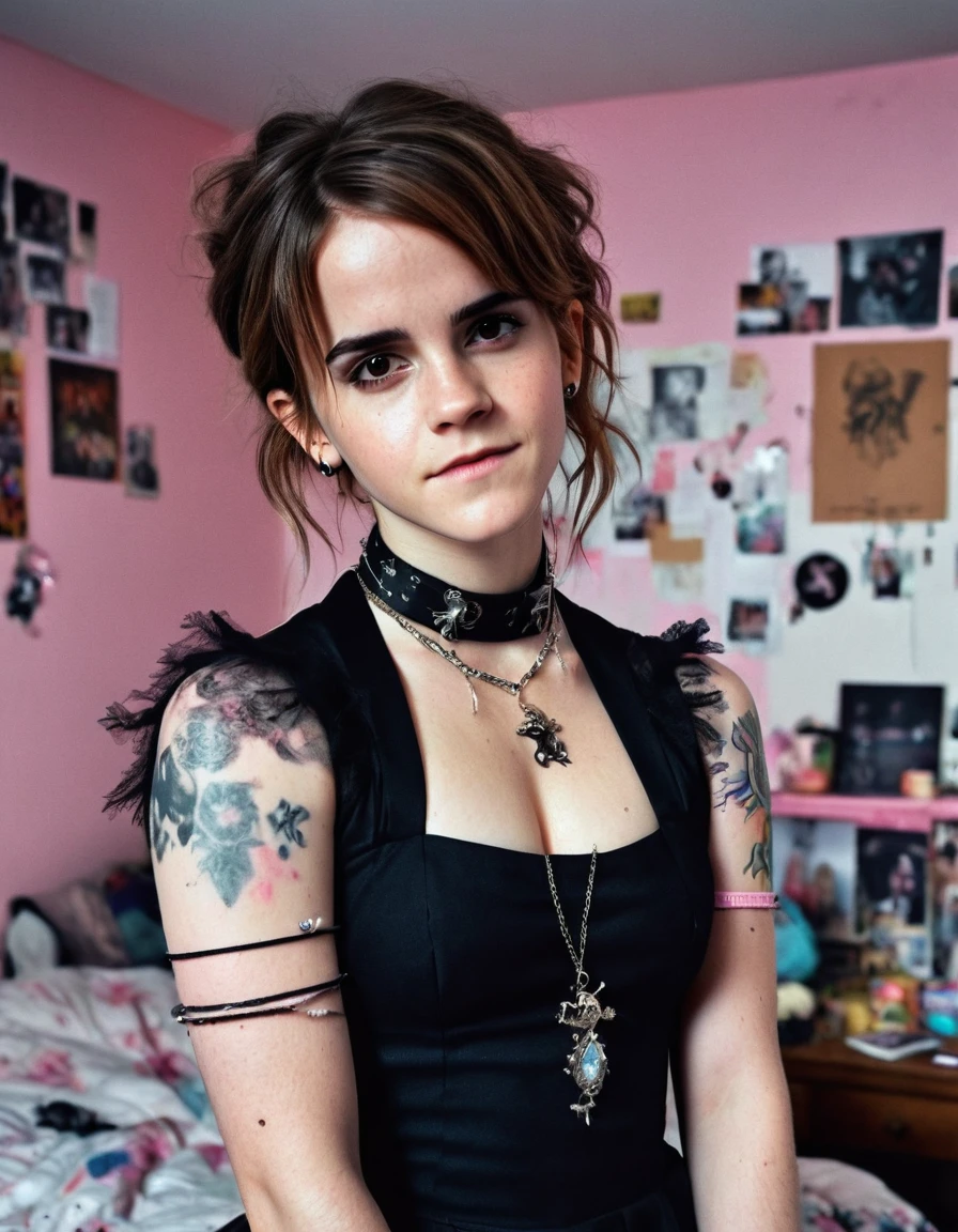 RAW photo, photograph of a (((Emma Watson))) 25years old woman, (detailed facial features), gorgeous face, standing in her messy bedroom, pale skin, wearing eyeliner, grainy, (high detailed skin:1.2), pastel goth, scene hair, teased hair, wearing bracelets, wearing choker necklace, instagram, colorized, ((detailed face)), selfie INFO