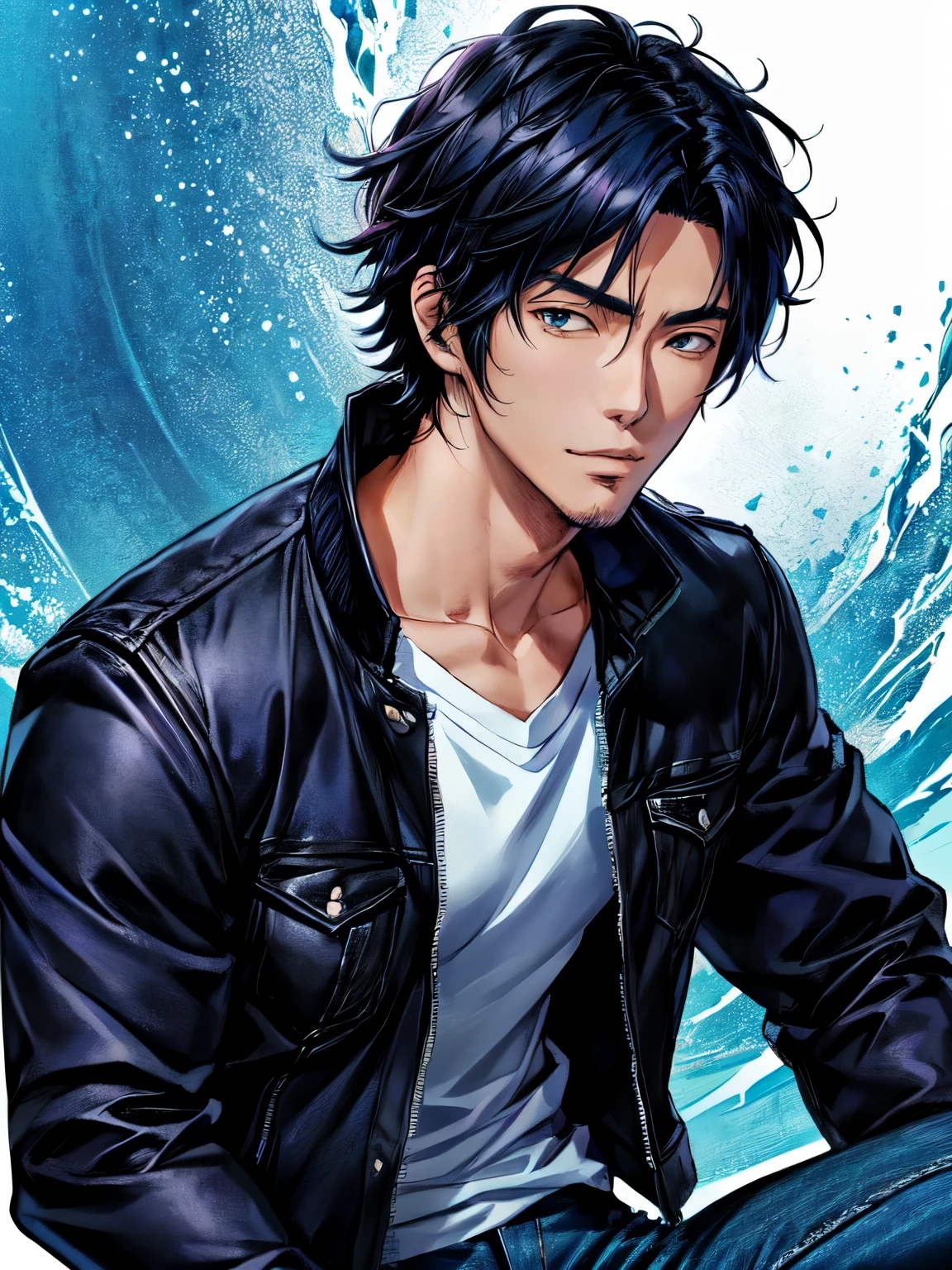 A handsome muscular man walking on a wet surface at a distance looking at the viewer, set against a blue beautiful sky. The sky and clouds are reflected on the wet surface. The man is centered with the focus on the expansive and fantastical landscape, reminiscent of a cinematic scene. Bright, and vibrant colors.
