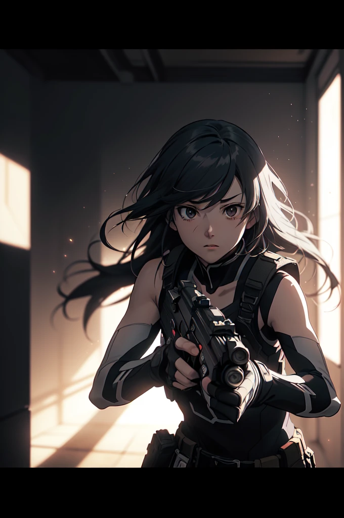 ((8k, best quality, masterpiece, extremely detailed, Rule of thirds)), (((light play, shadow play))), ((abstract background)), ((provocative)), ((action photography)), ((cinematic, film grain)), ((anime aesthetic)), ((comic-style)), ((soft light passing through hair)), ((gunplay)), 