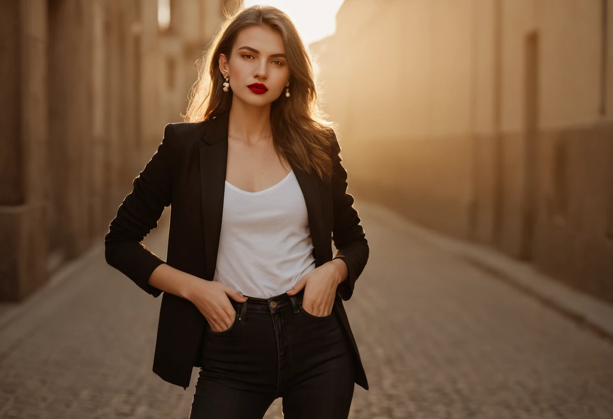 color digital photograph of Lucie Prochazka a woman from czech republic wearing (a black blazer), (a white t-shirt), (black skinny jeans), (black ankle boots), (pearl earrings), (red lipstick), and Slingbacks shoes shot on Nikon Z9 by Denis Karasev, 26 years old, pale skin, (very long dark golden hair), tiny figure, small breasts, feeling, at golden hour,full body, masterpiece, natural lighting, (outdoor setting:1.2), warm tones, side lighting, natural skin details, 4k, UHD, masterpiece, detailed eyes, detailed face, detailed skin, perfect hands, perfect feets, photo, high skin detail, moles, imperfect skin, ultra realism, RAW photo, subsurface scattering