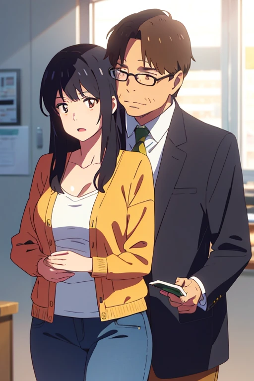 shinkai makoto, kimi no na wa., middle aged man, bangs swipe to the right, office suite, wrinkles, mustache, middle aged man touching girl chest,chestgrope from behind, passionate hug, middle aged man is hugging from behind, 1girl, bangs, black hair, brown eyes, open mouth, Twisted Half Up, red ribbon, long hair, long sleeve light yellow cardigan, open shirt, yellow shirt, cleavage, breast, medium breast, Orange shirt, orange jeans, indoors, mall, masterpiece, perfect anatomy, cowboyshot, 