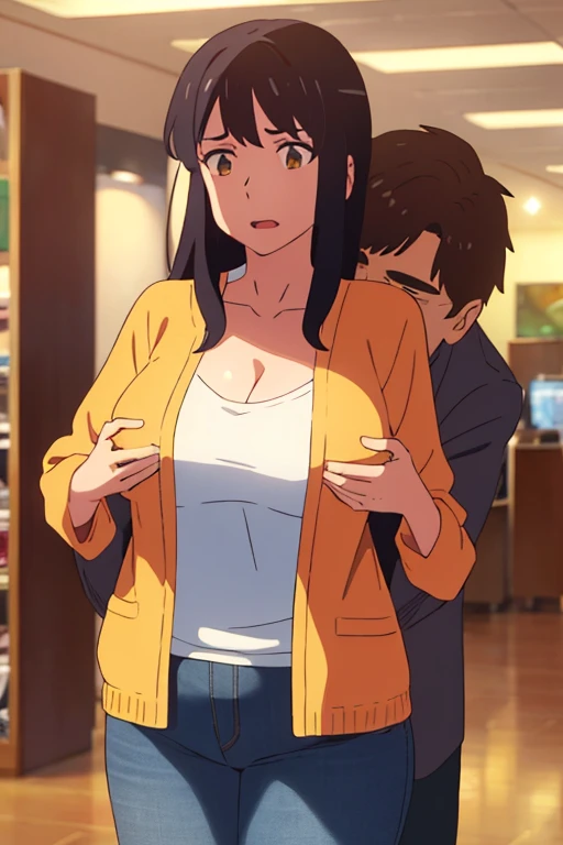 shinkai makoto, kimi no na wa., middle aged man, bangs swipe to the right, office suite, wrinkles, mustache, middle aged man touching girl chest,chestgrope from behind, passionate hug, middle aged man is hugging from behind, 1girl, bangs, black hair, brown eyes, open mouth, Twisted Half Up, red ribbon, long hair, long sleeve light yellow cardigan, open shirt, yellow shirt, cleavage, breast, medium breast, Orange shirt, orange jeans, indoors, mall, masterpiece, perfect anatomy, cowboyshot,