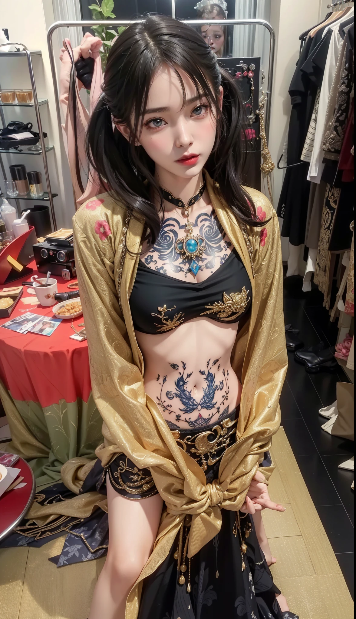 Realistic style,8K picture quality,Very detailed, Delicate face, Realistic style的照片, Stock Photography , rich and colorful, Surreal, Realistic textures, Dramatic Lighting, Distiller 800 (8K, original photo, Better quality, masterpiece: 1.2), Very detailed, (Extremely delicate skin: 1.2), 8K Ultra HD, SLR camera, Soft Light, high quality, 冰冻Queen, Queen, snow castle,Blue pupils,Apply red lipstick,Very delicate tattoo design,Jewelry,Have a tattoo