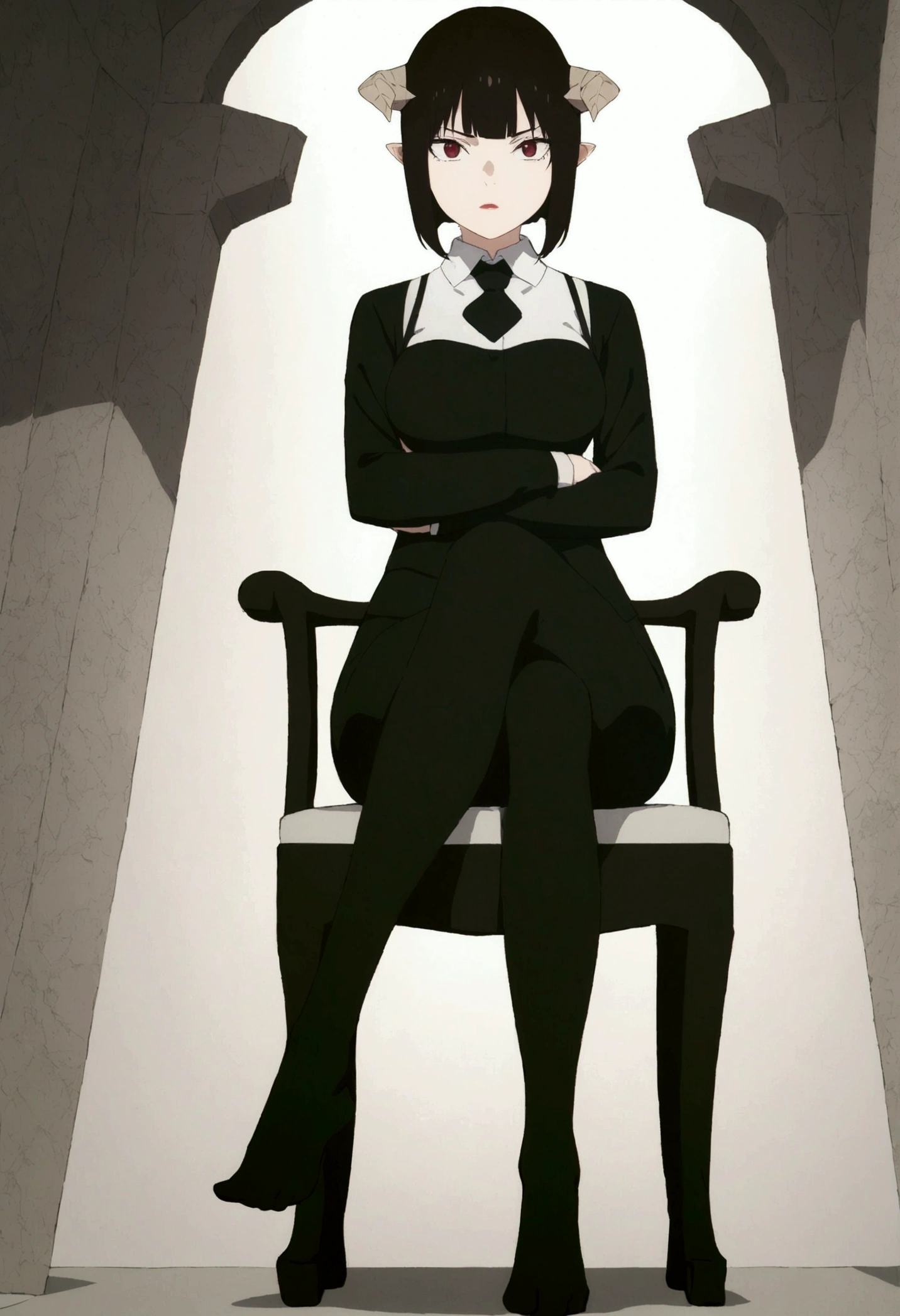 (work of art, ultra detali,high resolution,8K), 1 girl ,standing alone,hinterland,Look to viewer, TochaTortura, trunk,sheen,brunette skin,sitting on a chair,legs crossed,,black socks,horns on head,serious look,staring overhead