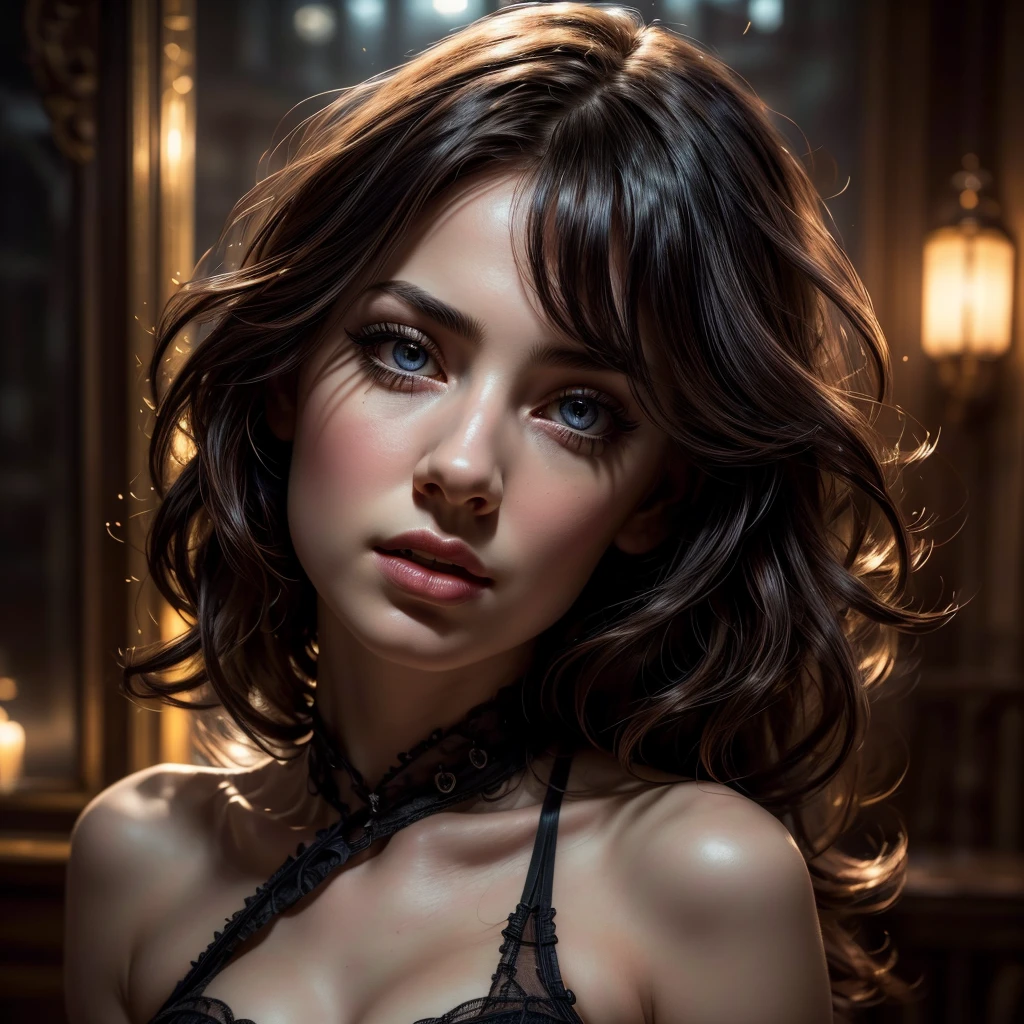 1girl, detailed black lingerie, slim waist, huge buttocks, huge breasts, perfect proportions, flowing detailed hair, extremely detailed pale skin, erotic, young, goddess-like beauty, succubus having a lewd dream, top-down view, (best quality,4k,8k,highres,masterpiece:1.2),ultra-detailed,(realistic,photorealistic,photo-realistic:1.37),dark moody lighting, dramatic chiaroscuro lighting, dramatic shadows, dramatic lighting, dramatic atmosphere, highly detailed facial features, long eyelashes, beautiful eyes, beautiful lips, extremely detailed face, cinematic composition, dramatic camera angle