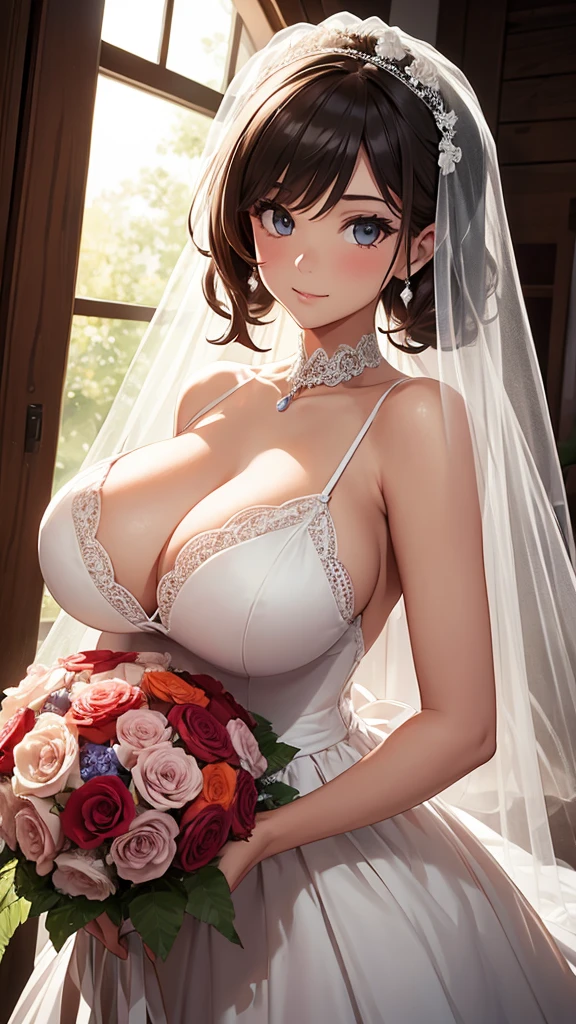 Girl with huge sagging breasts with a sweetheart neckline and a lace neckline ,bridal veil and bouquet 