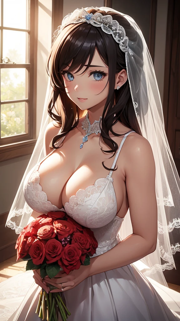 Girl with huge sagging breasts with a sweetheart neckline and a lace neckline ,bridal veil and bouquet 