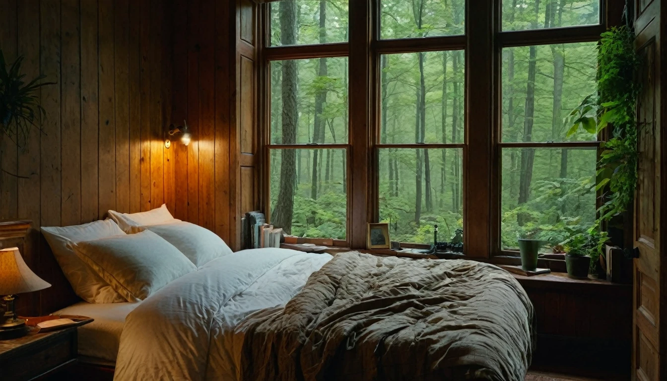 The image shows a cozy bedroom with a large window offering a view of a rainy forest. The bed is unmade with a rumpled golden-brown comforter. To the right, there is a bedside table with an illuminated classic lamp and some books or journals stacked beside it. The room has dark wood paneling, which contrasts with the greenery outside. There are potted plants on the inside window sill and more lush plants outside, enhancing the connection to nature. The rain on the window adds to the ambiance of tranquility and seclusion from the outside world.