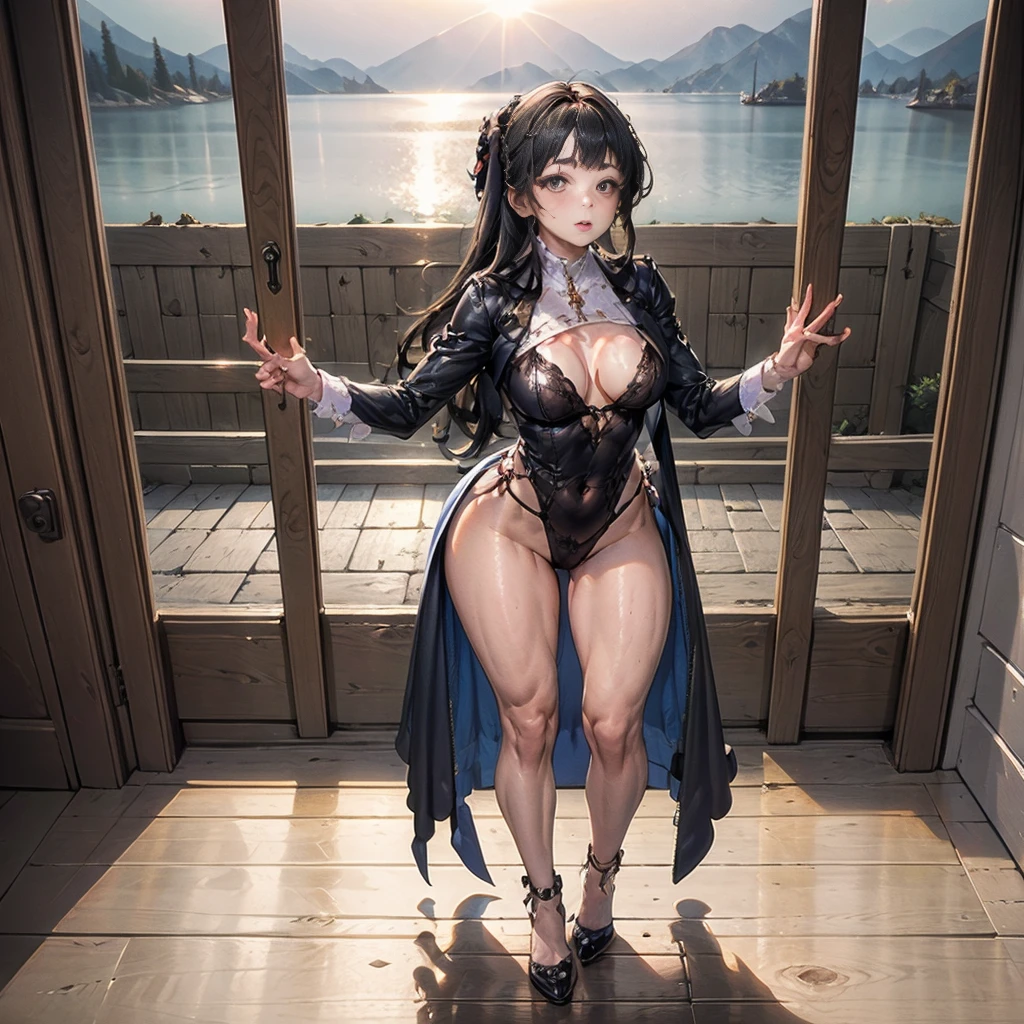 Female full body standing straight symmetrical looking to viewer pov kiss