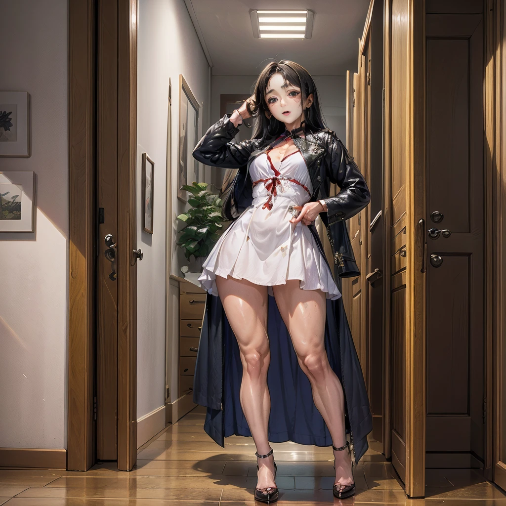 Female full body standing straight symmetrical looking to viewer pov kiss