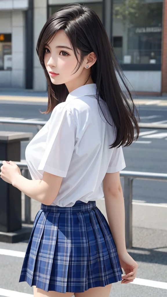 {top quality, masterpiece}, (Realistic: 1.3), (photo Realistic: 1.3), wallpapers, BREAK {{{FF7, Tifa_lockhart, solo}}},{{{Japan JK uniform, White short-sleeved shirt, Navy Blue Plaid Pleated Skirt, Dark blue short socks, loafers, see through shirt}}}, (background big city,shibuya:1.1), {{{erotic, Nogizaka idol}}}, Ultra-detailed face, Detailed eyes, Red eyes, BREAK (black brown hair, Large breasts: 1.0), BREAK About 18 years old, kawaii, sensual, looking away, {{{erotic face ,erotic mouth, erotic eyes}}}, {{{behind view, back hair, calf, back view}}}, leg focus:1.2