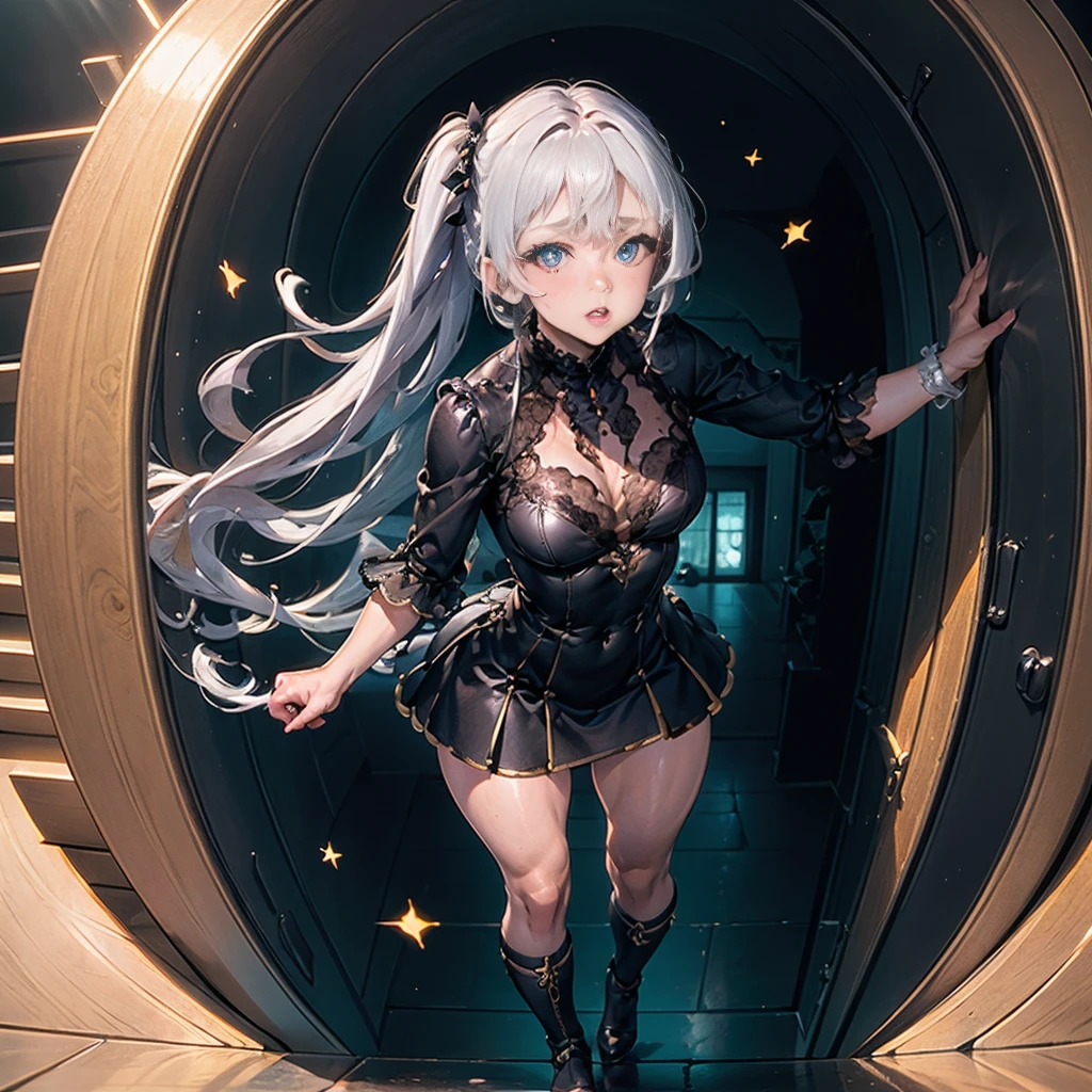 Female full body standing straight symmetrical looking to viewer pov kiss