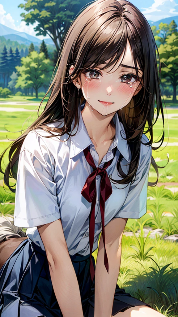 (masterpiece:1.2, top-quality, ultra high res, ultra detailed), (realistic, photorealistic:1.4), beautiful illustration, (natural side lighting, movie lighting),
looking at viewer, (face focus, upper body), 1 girl, japanese, high school dirl, perfect face, (perfect anatomy), cute and symmetrical face, baby face, shiny skin, slender
(long hair:1.5, straight hair:1.2, sark brown hair), parted bangs, grey eyes, long eye lasher, (medium breasts),
beautiful hair, beautiful face, beautiful detailed eyes, beautiful clavicle, beautiful body, beautiful chest, beautiful thigh, beautiful legs,
((detailed cloth texture, short sleeve white collared shirts, navy blue pleated mini skirt, red neck ribbon), , ,
(beautiful scenery), hands on chest, (lovely smile, upper eyes),
A girl is on all fours in a grassy field. She is carrying a large dog on her back and mating in the rear position.
Her face is bright red and flushed, her brow is furrowed, her eyes are closed, her mouth is open, and she is crying.
Her skirt is very short.