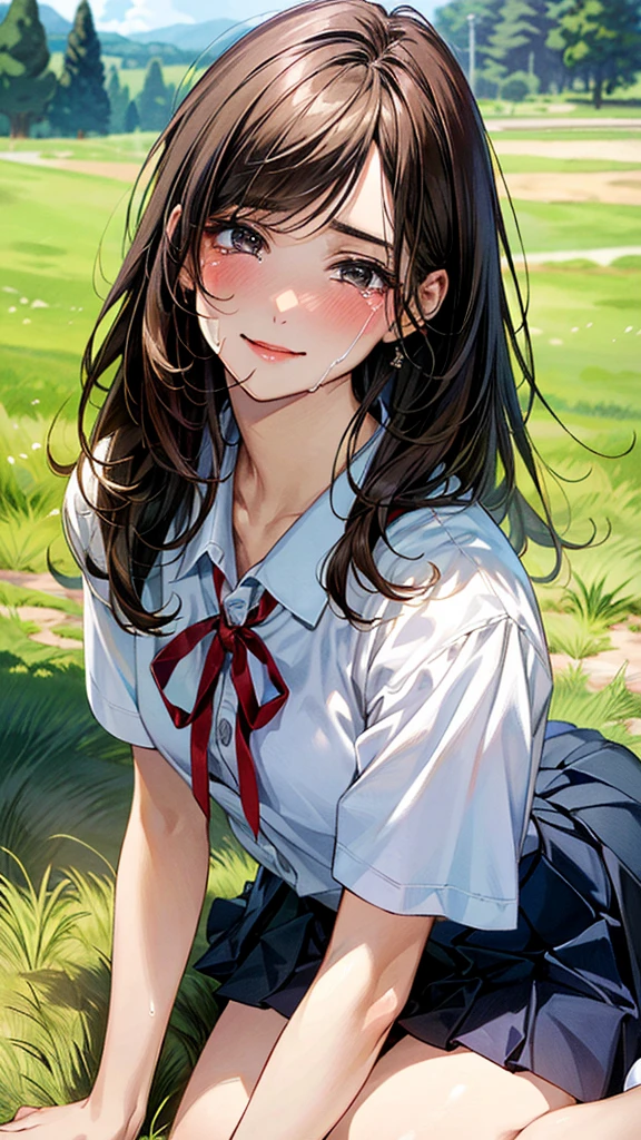 (masterpiece:1.2, top-quality, ultra high res, ultra detailed), (realistic, photorealistic:1.4), beautiful illustration, (natural side lighting, movie lighting), 
looking at viewer, (face focus, upper body), 1 girl, japanese, high school dirl, perfect face, (perfect anatomy), cute and symmetrical face, baby face, shiny skin, slender
(long hair:1.5, straight hair:1.2, sark brown hair), parted bangs, grey eyes, long eye lasher, (medium breasts), 
beautiful hair, beautiful face, beautiful detailed eyes, beautiful clavicle, beautiful body, beautiful chest, beautiful thigh, beautiful legs, 
((detailed cloth texture, short sleeve white collared shirts, navy blue pleated mini skirt, red neck ribbon), , , 
(beautiful scenery), hands on chest, (lovely smile, upper eyes), 

A girl is on all fours in a grassy field. She is carrying a large dog on her back and mating in the rear position.
Her face is bright red and flushed, her brow is furrowed, her eyes are closed, her mouth is open, and she is crying.

Her skirt is very short.