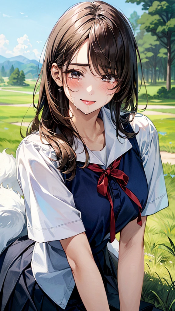 (masterpiece:1.2, top-quality, ultra high res, ultra detailed), (realistic, photorealistic:1.4), beautiful illustration, (natural side lighting, movie lighting),
looking at viewer, (face focus, upper body), 1 girl, japanese, high school dirl, perfect face, (perfect anatomy), cute and symmetrical face, baby face, shiny skin, slender
(long hair:1.5, straight hair:1.2, sark brown hair), parted bangs, grey eyes, long eye lasher, (medium breasts),
beautiful hair, beautiful face, beautiful detailed eyes, beautiful clavicle, beautiful body, beautiful chest, beautiful thigh, beautiful legs,
((detailed cloth texture, short sleeve white collared shirts, navy blue pleated mini skirt, red neck ribbon), , ,
(beautiful scenery), hands on chest, (lovely smile, upper eyes),
A girl is on all fours in a grassy field. She is carrying a large dog on her back and mating in the rear position.
Her face is bright red and flushed, her brow is furrowed, her eyes are closed, her mouth is open, and she is crying.
Her skirt is very short.
