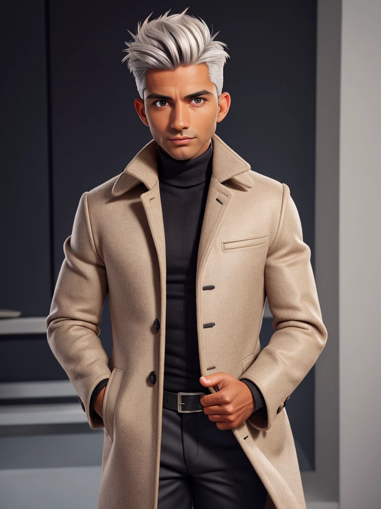 (best quality), 1boy, mature man, 34 years old, tanned skin, silver hair, short hair, hair loosely combed back, brown eyes, perfect eyes, muscular, handsome, small waist, strong jawline, cold expression, black turtleneck, coat jacket, fully clothed, clean face, masterpiece, anatomically correct, highres
