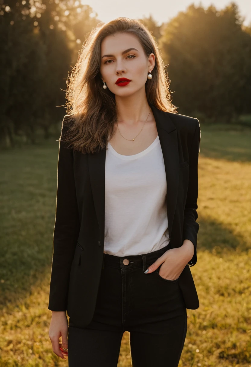 color digital photograph of Lucie Prochazka a woman from czech republic wearing (a black blazer), (a white t-shirt), (black skinny jeans), (black ankle boots), (pearl earrings), (red lipstick), and Slingbacks shoes shot on Nikon Z9 by Denis Karasev, 26 years old, pale skin, (very long dark golden hair), tiny figure, small breasts, feeling, at golden hour,full body, masterpiece, natural lighting, (outdoor setting:1.2), warm tones, side lighting, natural skin details, 4k, UHD, masterpiece, detailed eyes, detailed face, detailed skin, perfect hands, perfect feets, photo, high skin detail, moles, imperfect skin, ultra realism, RAW photo, subsurface scattering
