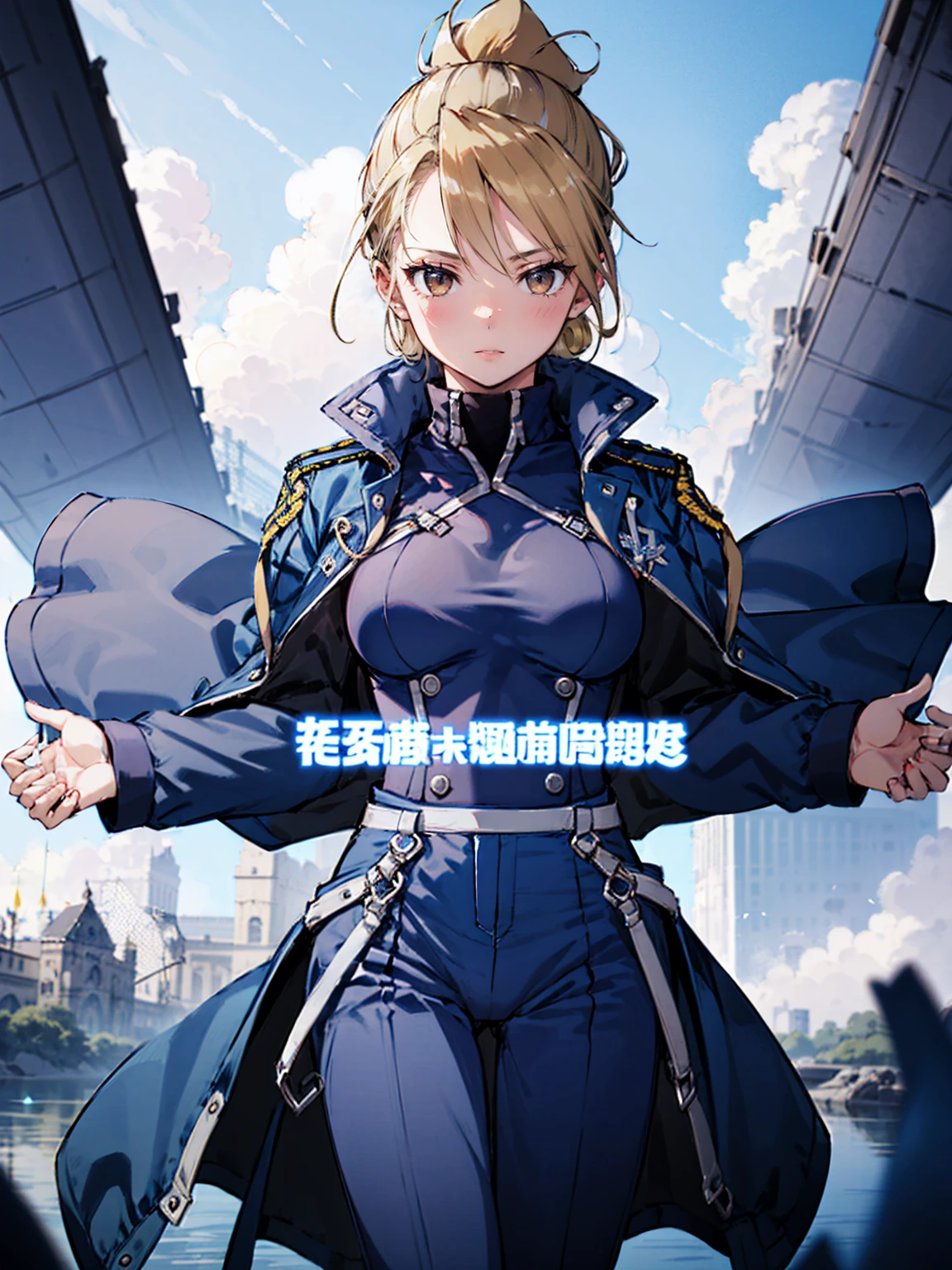 masterpiece, Highest quality, High resolution, One girl, (Blue jacketの下にBlack innerwearを着ている), Folded ponytail, Brown eyes, , (uniform, Blue jacket, Blue pants), ,Big Breasts, Black innerwear, (