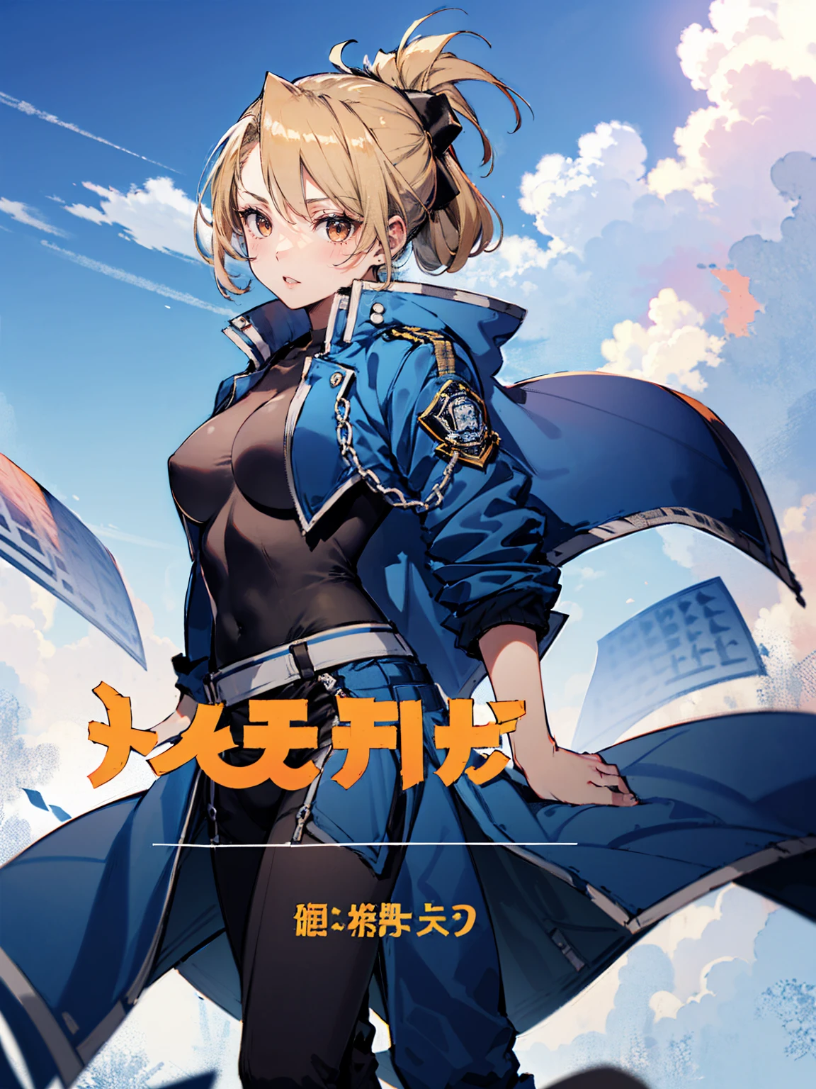 masterpiece, Highest quality, High resolution, One girl, (Blue jacketの下にBlack innerwearを着ている), Folded ponytail, Brown eyes, , (uniform, Blue jacket, Blue pants), ,Big Breasts, Black innerwear, (