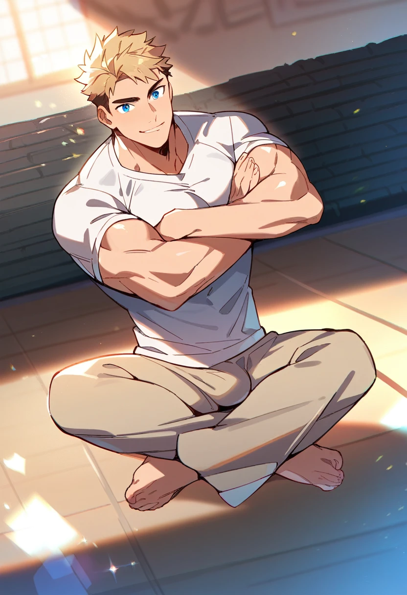 1man, smile, male focus, toned male, tall male, toned, pectorals, white shirt, beige pants, lens flare, solo, looking at viewer, blonde hair, blue eyes, short hair, crossed arms, gym background, best quality, amazing quality, best aesthetic, absurdres, muscular, full body, erection, penis out of pants