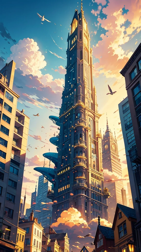 Create a whimsical and crowded scene set in a fantastical city with white and gold architecture. The city is bustling with various cute and unique characters, including humans and cartoon-like creatures. A large, friendly whale floats in the middle of the scene, with some characters standing on its back. The background is filled with soft, glowing clouds and a golden sky. Include small, hidden details like tiny creatures peeking out from behind buildings and interacting with each other. The overall atmosphere should be cheerful and lively, with a playful, dreamlike quality.