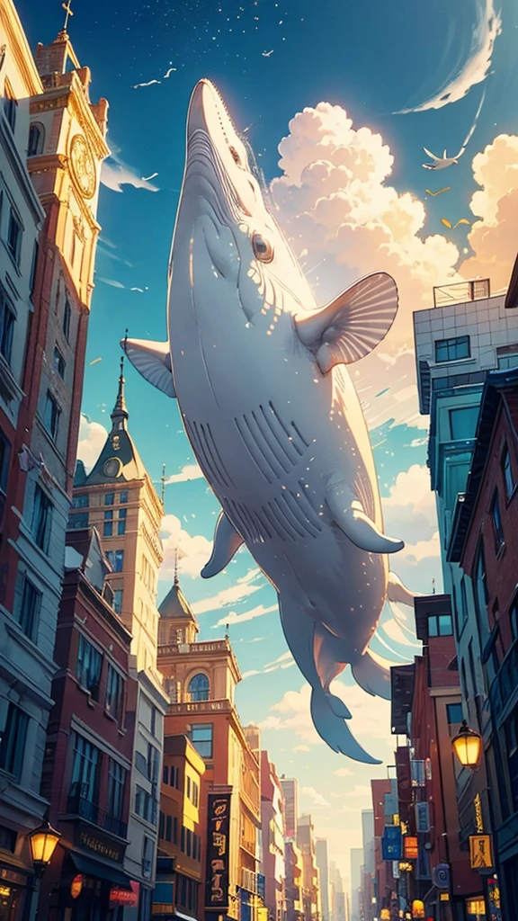 Create a whimsical and crowded scene set in a fantastical city with white and gold architecture. The city is bustling with various cute and unique characters, including humans and cartoon-like creatures. A large, friendly whale floats in the middle of the scene, with some characters standing on its back. The background is filled with soft, glowing clouds and a golden sky. Include small, hidden details like tiny creatures peeking out from behind buildings and interacting with each other. The overall atmosphere should be cheerful and lively, with a playful, dreamlike quality.