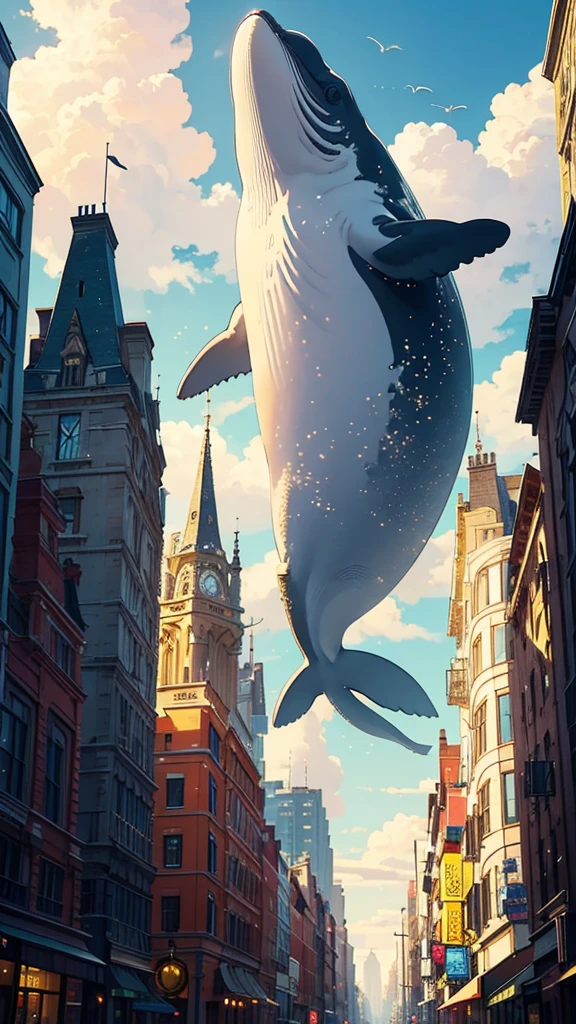 Create a whimsical and crowded scene set in a fantastical city with white and gold architecture. The city is bustling with various cute and unique characters, including humans and cartoon-like creatures. A large, friendly whale floats in the middle of the scene, with some characters standing on its back. The background is filled with soft, glowing clouds and a golden sky. Include small, hidden details like tiny creatures peeking out from behind buildings and interacting with each other. The overall atmosphere should be cheerful and lively, with a playful, dreamlike quality.