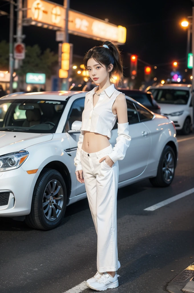 (((best quality))),(((ultra detailed))),(((masterpiece))),illustration,((1 beautiful girl,solo)),((slim,thin)),((small breasts,flat chest,navel)),(short ponytail:1.2), summer night, city streets, (open white collared sleeved shirt:1.3),(underneath the shirt was white tank top:1.2),(baggy white long pants:1.2), gentle breeze, see-through shirt,rolled-up sleeves, casualness, youthful charm, natural beauty, facial features,ankles, vibrant colors, neon signs, streetlights, bustling activity, cars buzzing by, chatter of people, confident, ease, white outfit, vibrant urban landscape,(standing:1.3),((from front,full body))