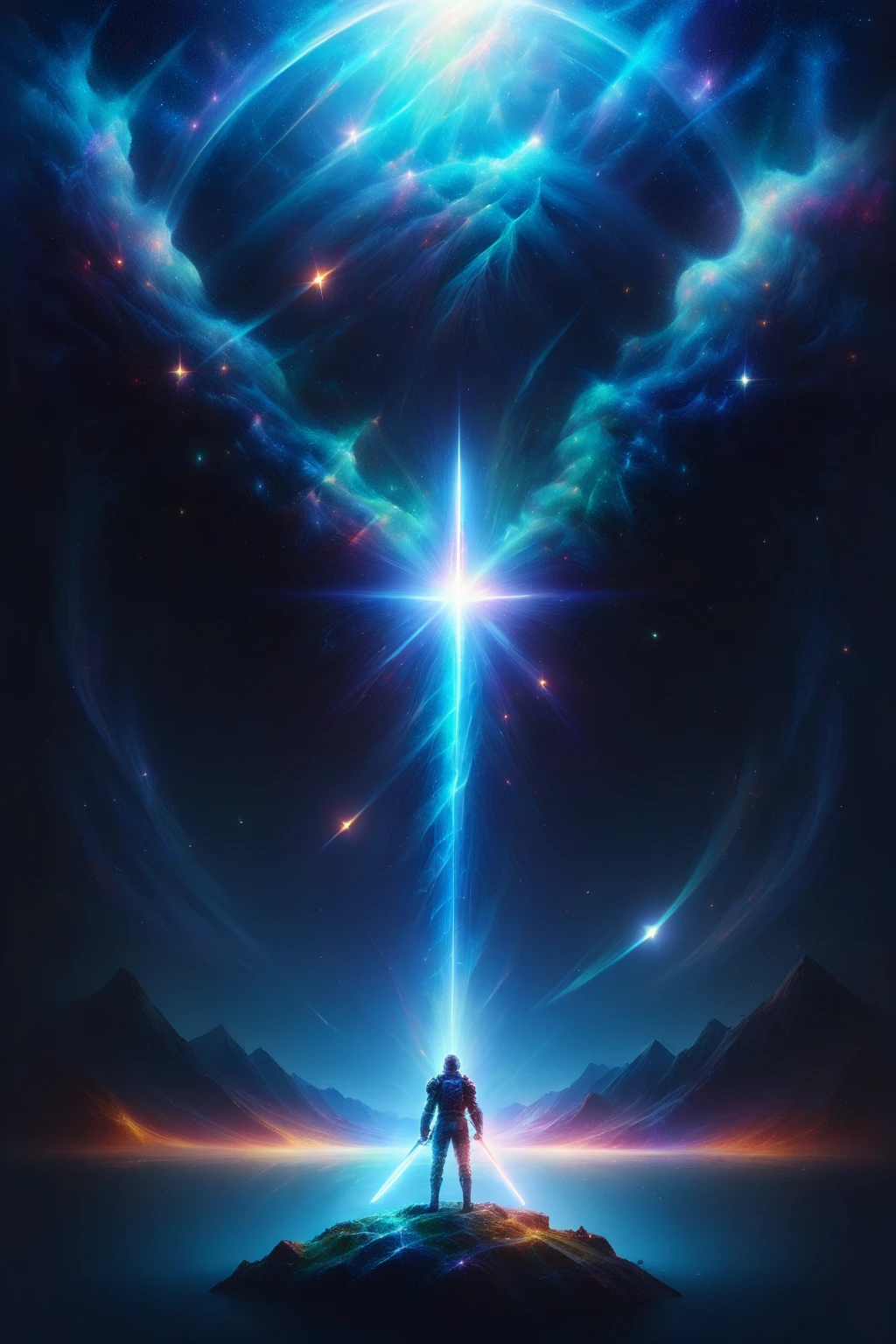a man standing on a hill with a sword in front of a star filled sky, by Christopher Balaskas, hq 4k phone wallpaper, halo infinite!!, halo infinite, key art, inspired by Christopher Balaskas, sci - fi poster, sci fi artwork, hq 4k wallpaper, from a 2 0 1 9 sci fi 8 k movie