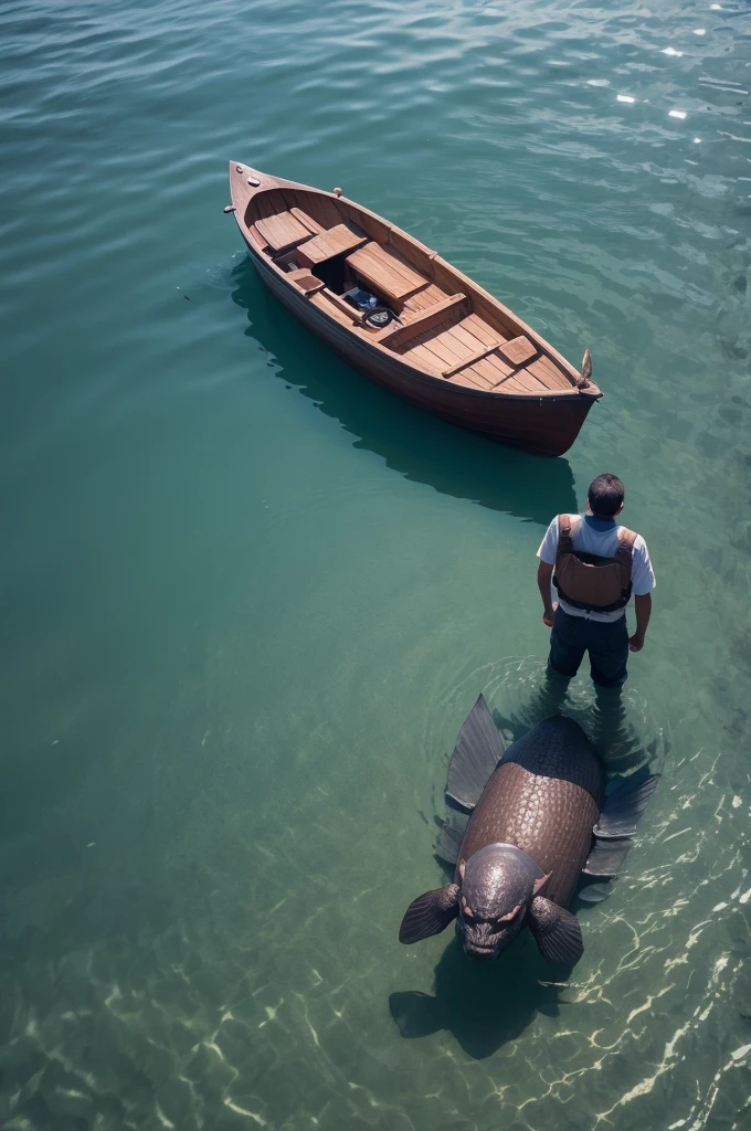Monster below the water surface and a man in a small boat on the water surface of a lake.