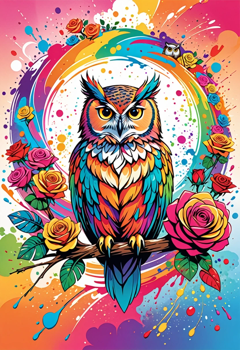vectorial art, Colorful illustration with many roses and owls, At the center, swirly vibrant colors, paint splashes and smears, high détail,Hawaii Background