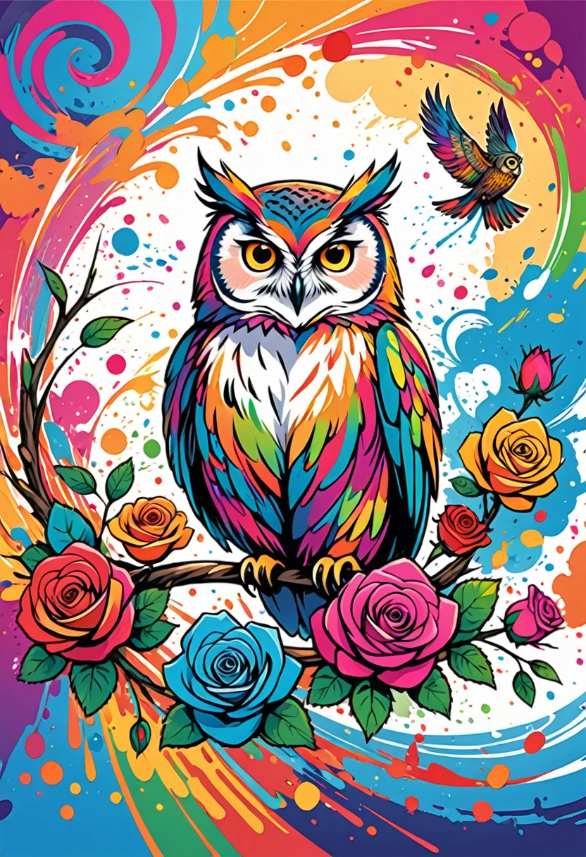 vectorial art, Colorful illustration with many roses and owls, At the center, swirly vibrant colors, paint splashes and smears, high détail,Hawaii Background