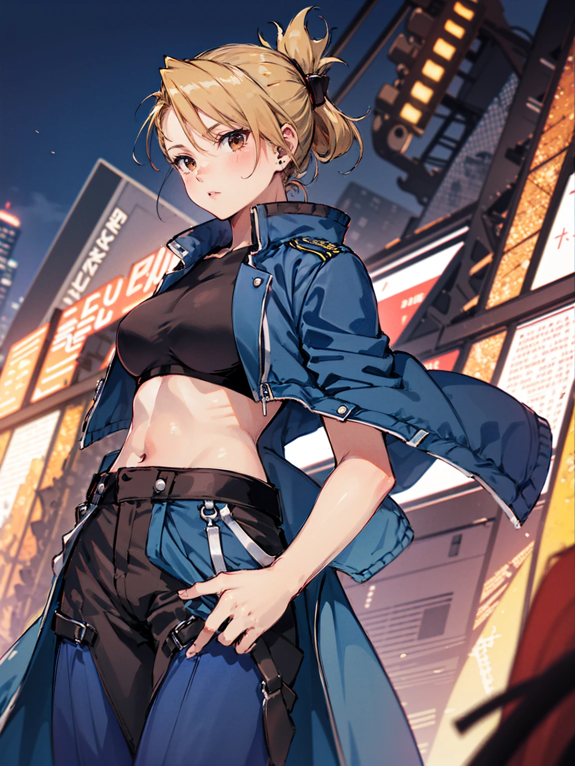 masterpiece, Highest quality, High resolution, Riza Hawkeye, One girl, (Blue jacketの下にBlack innerwearを着ている), Folded ponytail, Brown eyes, , (uniform, Blue jacket, Blue pants), ,Big Breasts, Black innerwear