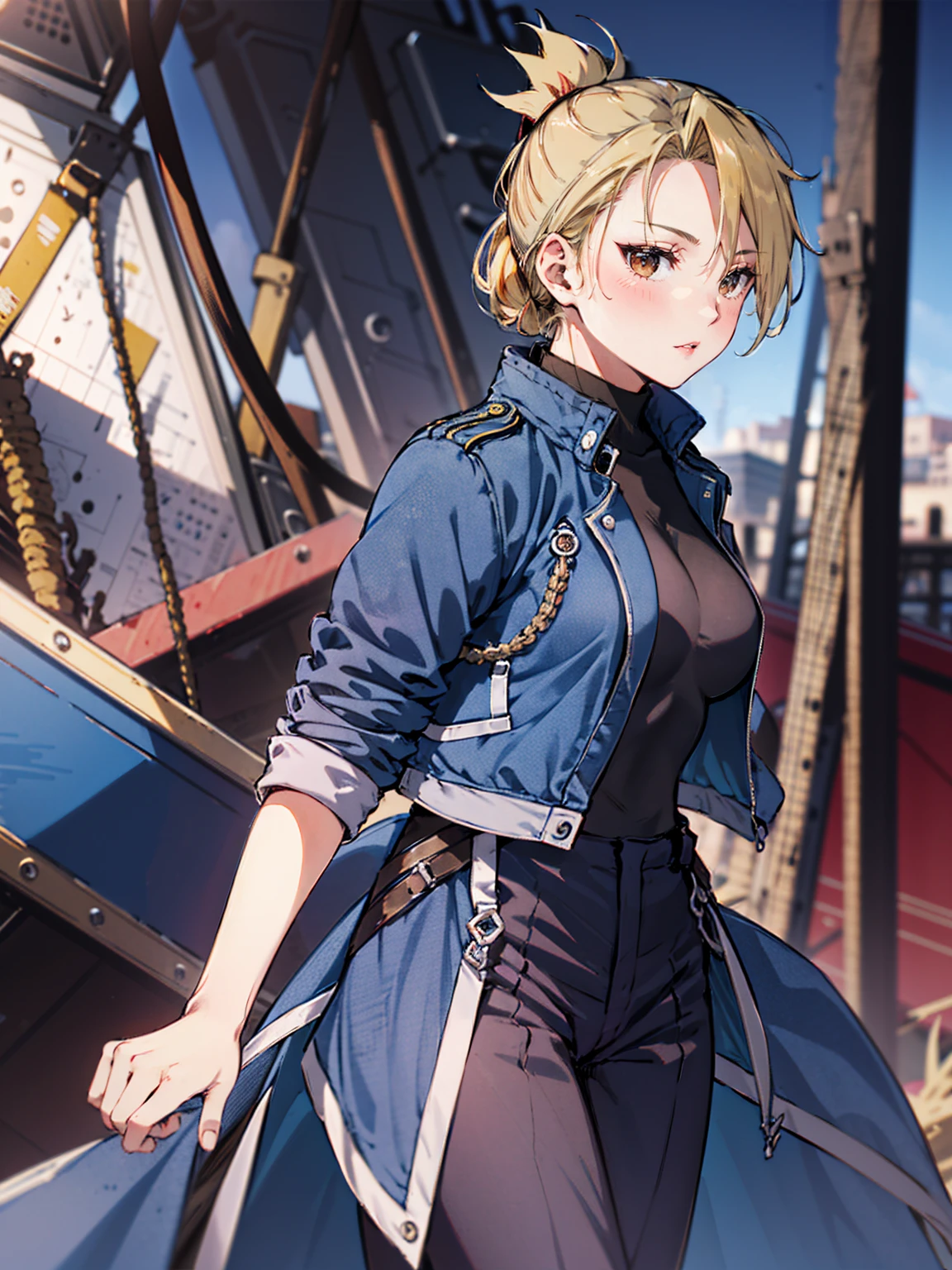 masterpiece, Highest quality, High resolution, Riza Hawkeye, One girl, (Blue jacketの下にBlack innerwearを着ている), Folded ponytail, Brown eyes, , (uniform, Blue jacket, Blue pants), ,, Black innerwear