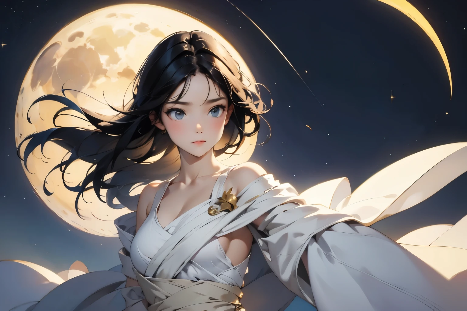 Moonlit Night、(Crescent Moon)、A young princess travelling through the moonlit desert、Beautiful Face、(With camels)、Wearing a loose, thin silk robe、In the middle of a vast desert、Sand dunes stretching to the horizon、Clear night sky、Capturing the essence of determination and wisdom、Subtle warm tones、High resolution、Super detailed、