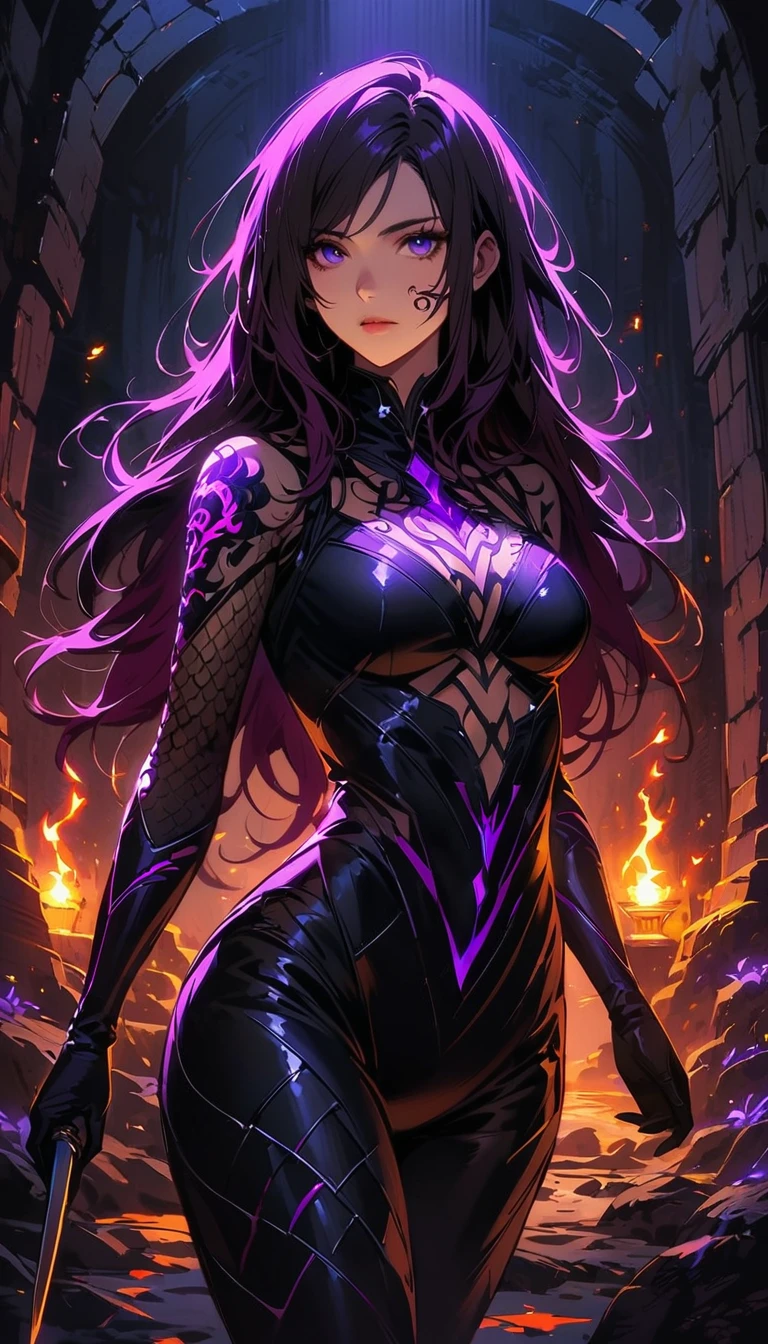 a detailed portrait of a female assassin in a dark fantasy setting, with long flowing hair in shades of black and purple, Tattood on the face, piercing blue eyes that emanate a sense of danger [detailed eyes, piercing blue:1.1], wearing a sleek black leather outfit [black leather outfit], adorned with intricate tattoos all over her body [intricate tattoos:1.1], including dragon scales on her arms [dragon scale tattoos] and an elaborate skull design on her back [skull tattoo:1.1]. She stands in a dimly lit underground chamber [dimly lit underground chamber], holding a (curved dagger), The scene is illuminated with flickering torches [flickering torches], casting shadows and enhancing the suspenseful atmosphere. The color palette is predominantly dark and moody, with hints of red and purple accents [dark and moody color palette, red and purple accents], creating a sense of mystery and danger. The lighting emphasizes the sharp edges and intricate details of the assassin's attire and tattoos, adding depth and texture to the overall composition [emphasis on sharp edges, intricate details]. The image is of the highest quality, with extreme attention to detail [best quality, extreme attention to detail:1.2], showcasing the artist's technical expertise and mastery of light and shadow. The art style is realistic yet with a touch of fantasy, capturing the essence of the dark and intriguing world of Dungeons & Dragons [realistic art style with a touch of fantasy].