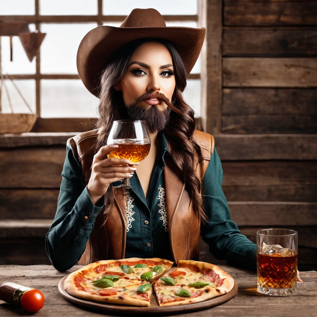 
cowboy bearded woman with a glass of whiskey and a pizza