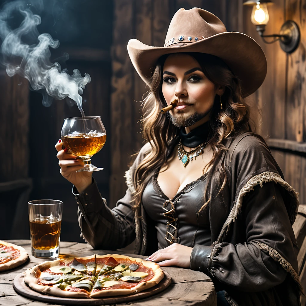 
cowboy bearded woman with a glass of whiskey and a pizza