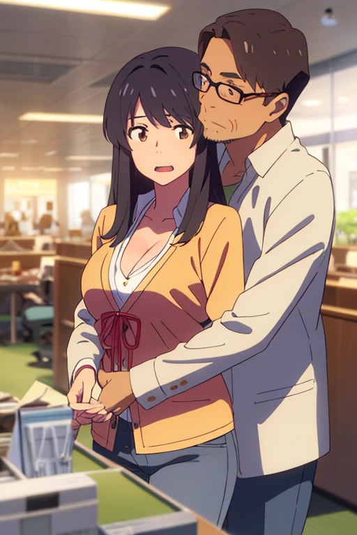 shinkai makoto, kimi no na wa., middle aged man, bangs swipe to the right, office suite, wrinkles, mustache, middle aged man touching girl breast,breastgrope from behind, passionate hug, middle aged man is hugging from behind, 1girl, bangs, black hair, brown eyes, open mouth, Twisted Half Up, red ribbon, long hair, long sleeve light yellow cardigan, open shirt, yellow shirt, cleavage, breast, medium breast, Orange shirt, orange jeans, indoors, mall, masterpiece, perfect anatomy, cowboyshot,