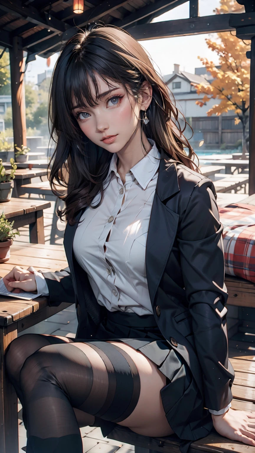 One girl,  nakiri it has, Kneel, Knee socks, navy Knee socks, Jacket, Checked skirt, Place your hand on your chest, Outdoor, anime_Screen Cap_it has