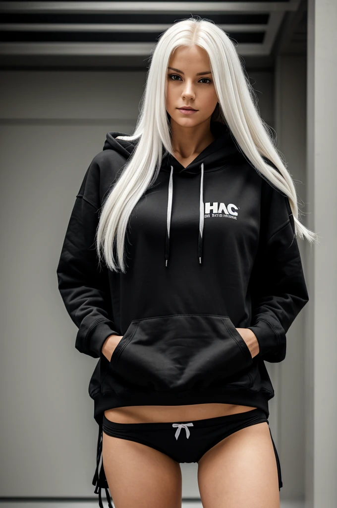 A woman with long white hair wearing and huge  wearing a black hoodie written on it saber and black panties 