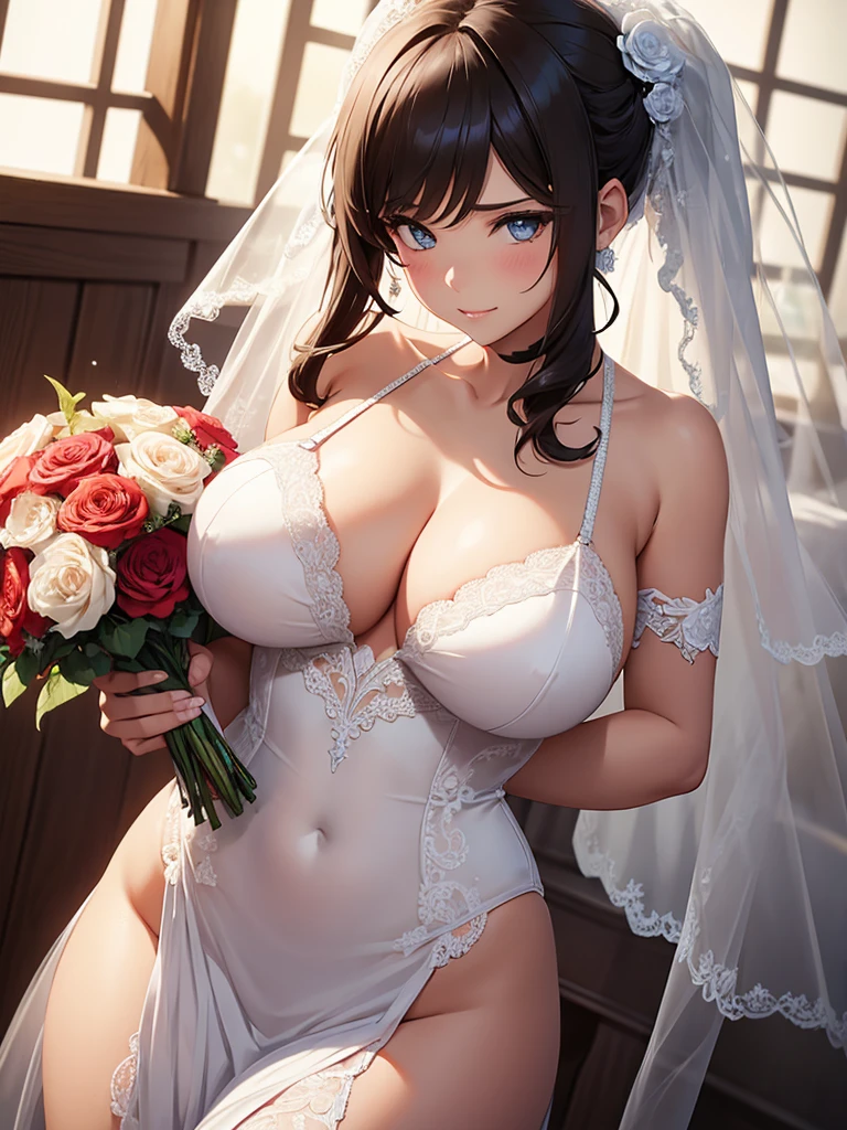 Girl with huge sagging breasts with a sweetheart neckline and a lace neckline ,bridal veil and bouquet