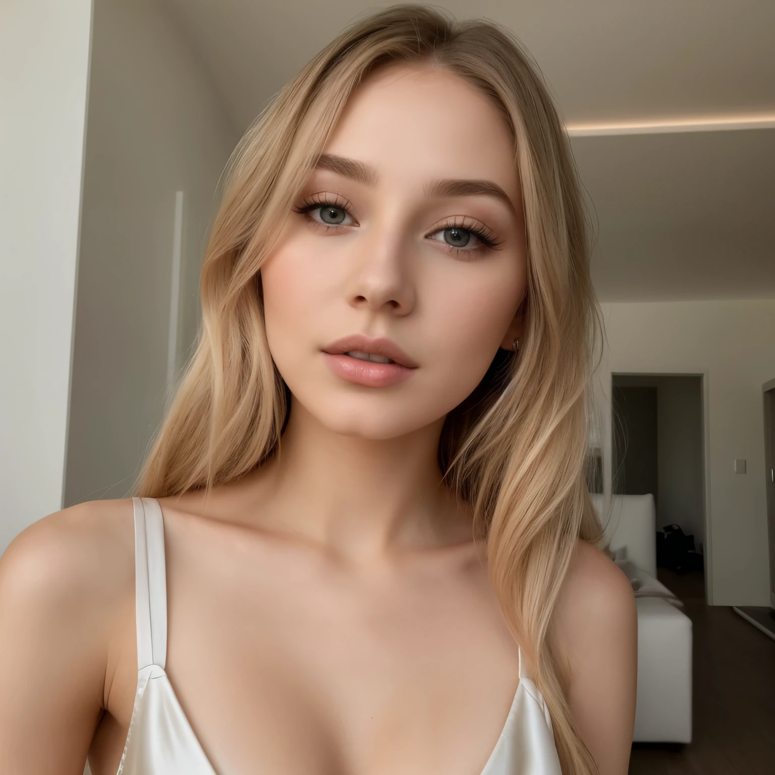 Blonde girl with long hair in a white silk dress, waist-length photo, Visage sexual with full makeup, Delicate makeup, Portrait of Sophie Mudd, Visage sexual, flawless face, pale skin, soft and natural, perfect face ), beautiful face and flawless skin, Soft portrait 8K, regard sexual devant la caméra, quite gentle face, Beautiful gentle face, pale skin, soft and flawless, soft makeup, passport photo, studio photography, sexual, Realistic 4K, 8 k