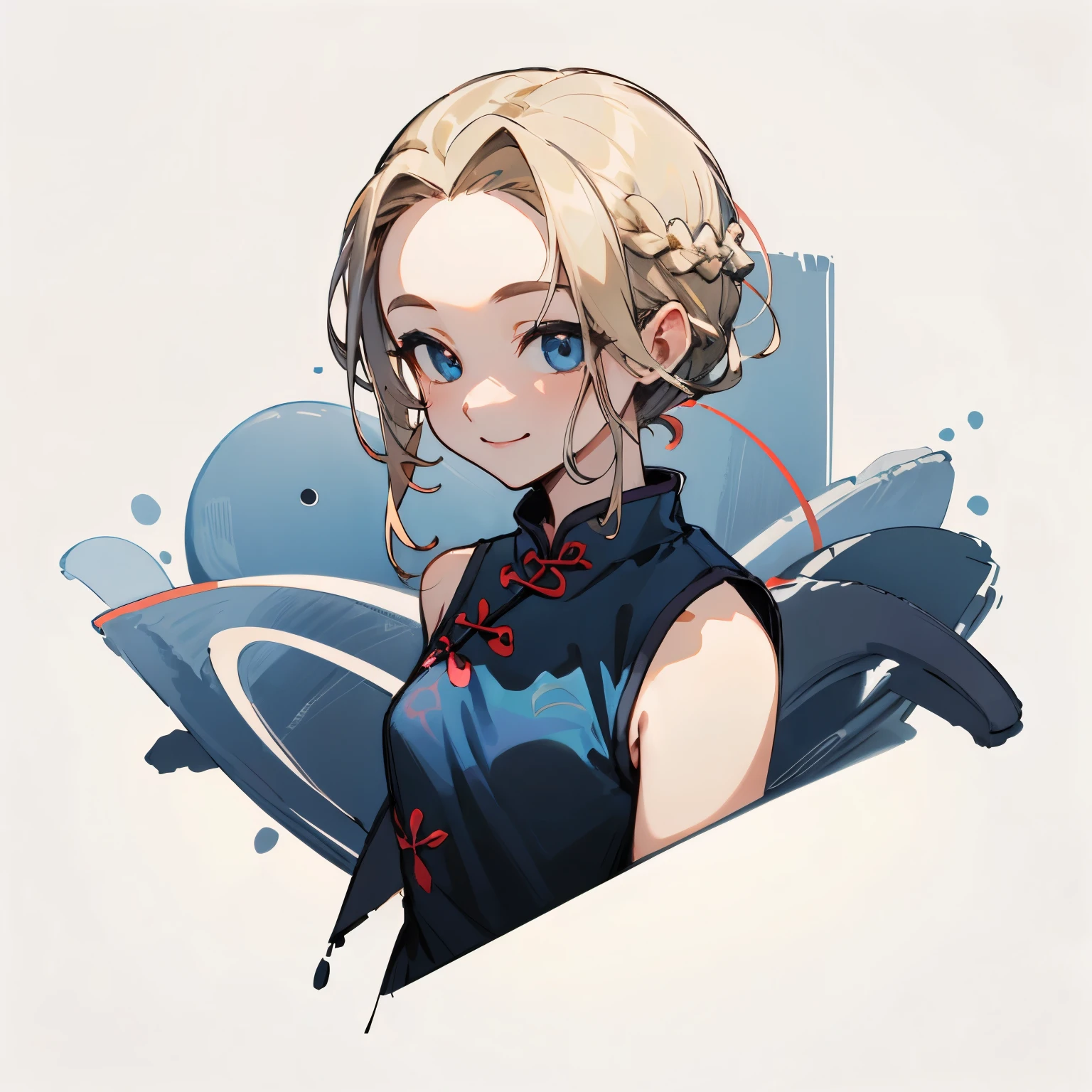 Logo, logo for a girl, Single Braided blonde pony tail, parted bangs, forehead, blue eyes, smile, Sleeveless Cheongsam, white background, centered