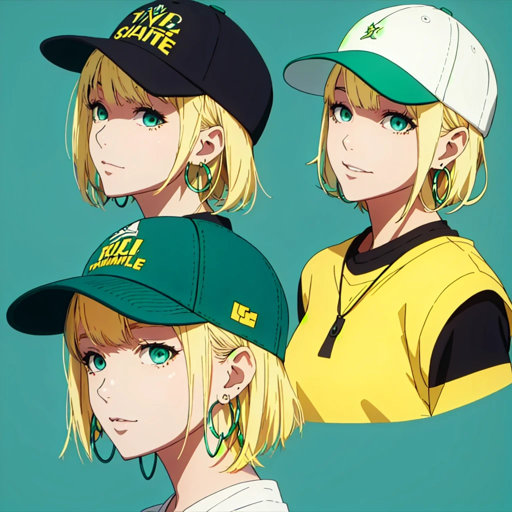 masterpiece, best quality, illustration, 1girl, , aqua eyes, baseball cap, blonde hair, closed mouth, earrings, green background, hat, hoop earrings, jewelry, shirt, short hair, simple background, yellow shirt, solo, looking at viewer, , , anime coloring, , A fairytale land where magical creatures live and thrive, , tokyo_ghoul_style