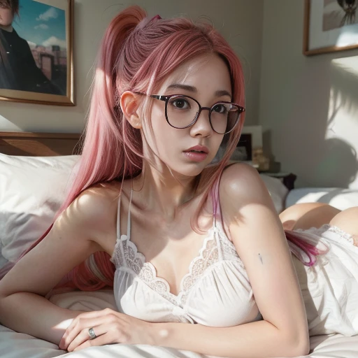 Chiquita, sweet pink hair, inocent eyes, high ponytail, round frame glasses, two-dimensional painting style, rich texture, highlight and shadow, long hair, white stockingasterpiece artwork，Majority，lie on the bed，White sheets，Is shy