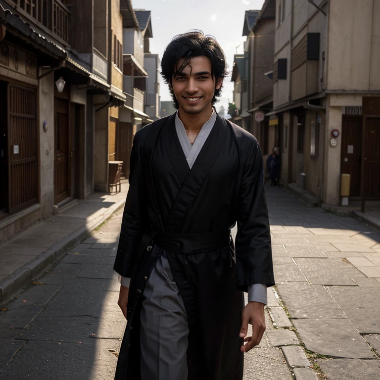 Taqi is a handsome and kind young man. He wears a Muslim robe with black hair(anime, cartoon, light effect, cute, squirky, lighting is smooth, in 3D animation). Taqi walks through the village streets, smiling at passersby. He pauses to chat with an elderly farmer who praises his dedication to teaching at the Sunday school.