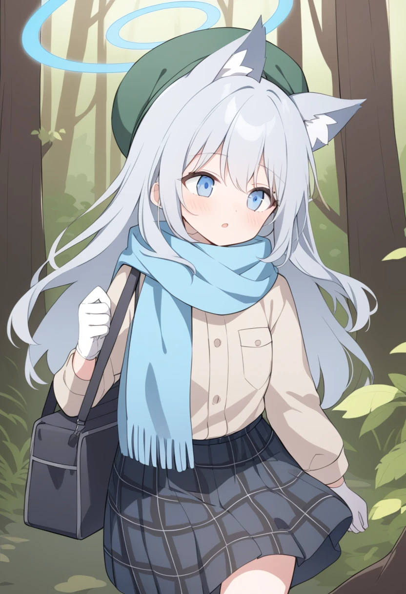 girl，Silver long hair, blue eyes, Wearing brown mountaineering clothes,A sky blue scarf, White gloves, And black plaid skirt, Walk in the forest，Looking for something, blue halo，Green Hat，Wear your hat，Gray wolf ears，Carrying a black shoulder bag