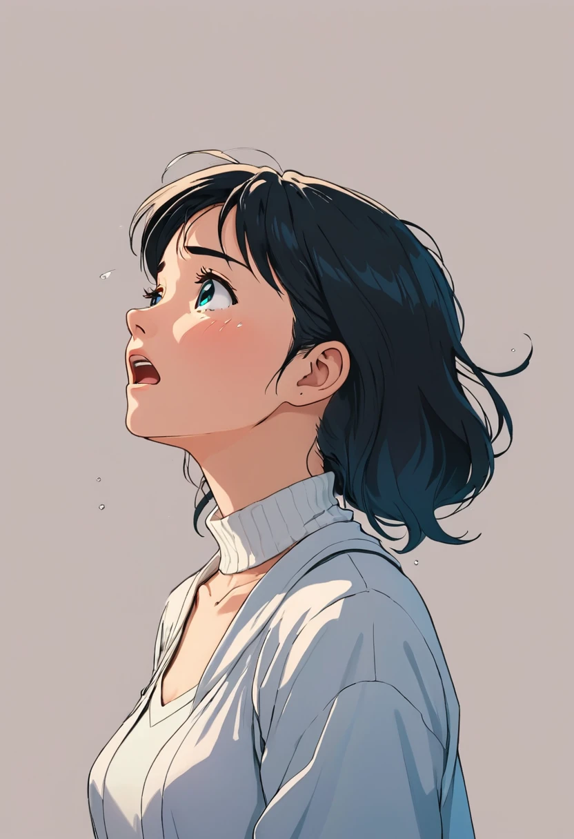 Anime style:1 girl looking up and crying，Profile，90 degree tilt of neck