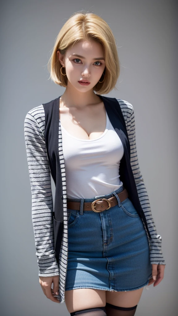 (masterpiece, best quality, beautiful and aesthetic:1.3), 1 Girl, Solitary，android 18, blonde hair, blue eyes, eyelashes, hoop earrings, short hair, earrings，belt, black legwear, black shirt, breast pocket, cleavage, collarbone, denim, denim skirt, high-waist skirt, jewelry, long sleeves, pocket, shirt, shirt tucked in, skirt, striped, striped sleeves, waistcoat,